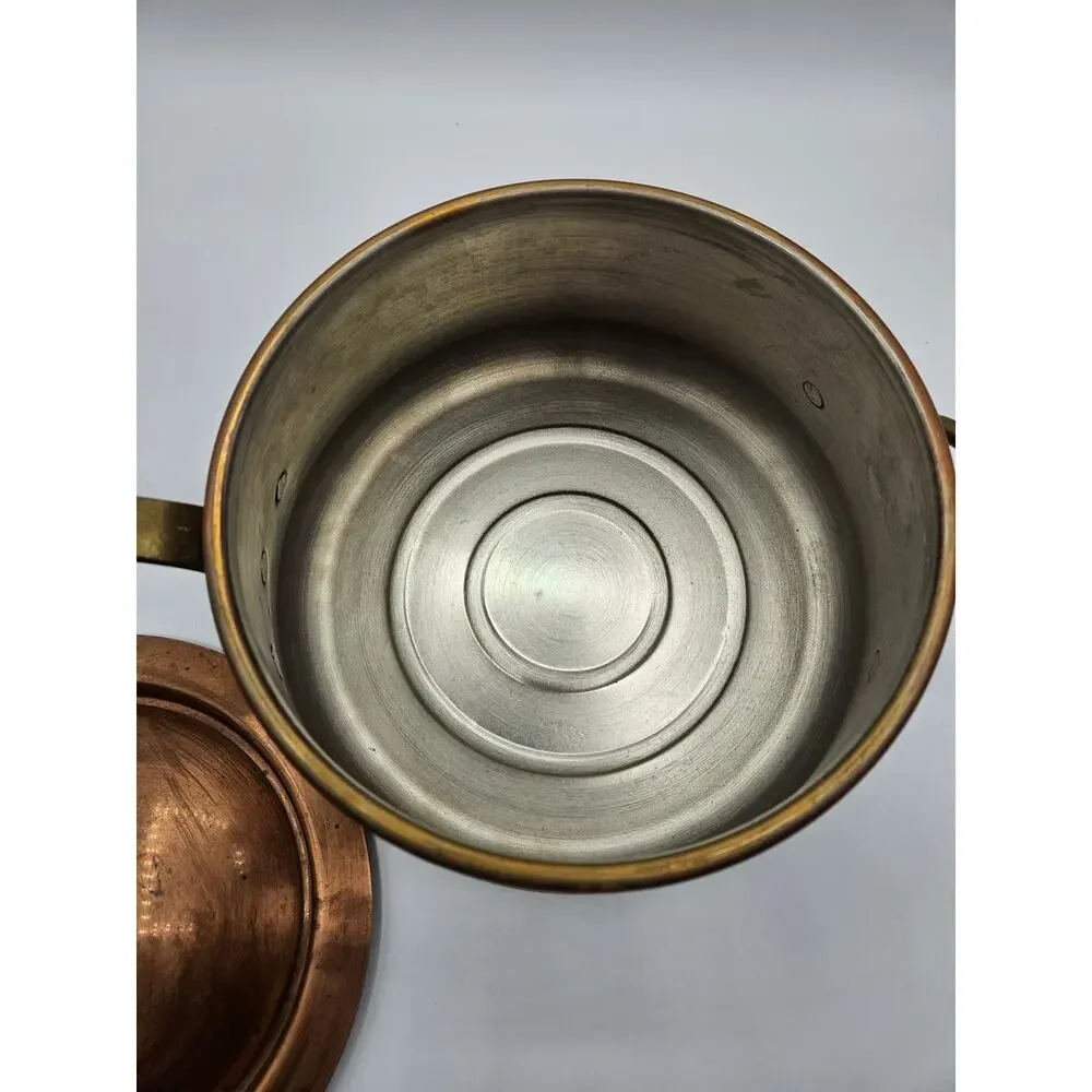 Vintage Hand Hammered Bombe Copper Saucepan Tin Lined Brass Handles 6.5
